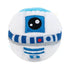 Star Wars plush R2-D2 toy in soft white and blue fabric appears as a round, fuzzy sphere with an embroidered black lens, blue panel accents, and simple droid markings set against a plain background.