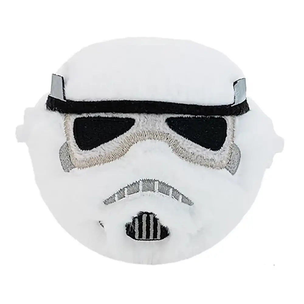 Star Wars Stormtrooper plush featuring bright white fabric, soft velvety texture, rounded helmet-shaped form, bold black eye visor and stitched gray mouth vents shown against a plain white background.