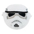 Star Wars Stormtrooper plush featuring bright white fabric, soft velvety texture, rounded helmet-shaped form, bold black eye visor and stitched gray mouth vents shown against a plain white background.