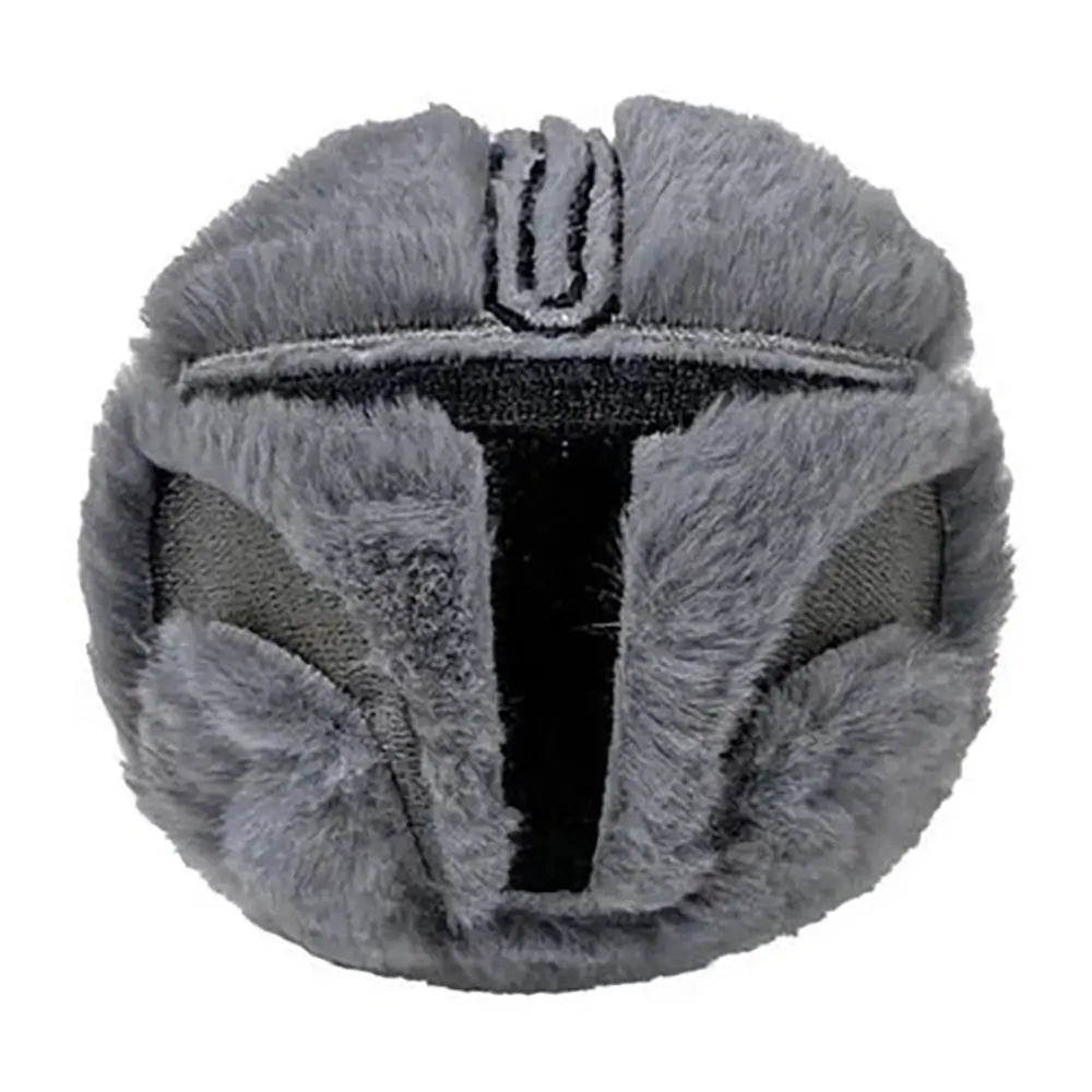 Star Wars Mandalorian plush with gray faux-fur texture, rounded helmet-like shape, dark central visor design, and soft sculpted details, displayed against a clean white background.