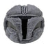 Star Wars Mandalorian plush with gray faux-fur texture, rounded helmet-like shape, dark central visor design, and soft sculpted details, displayed against a clean white background.