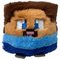 TY Beanie Bouncer Steve plush character features soft tan and brown fuzzy fabric, square block-shaped body, pixel-style embroidered blue and white eyes, small pink mouth, blue shirt, dark blue pants, and compact bouncy toy design on a white background.