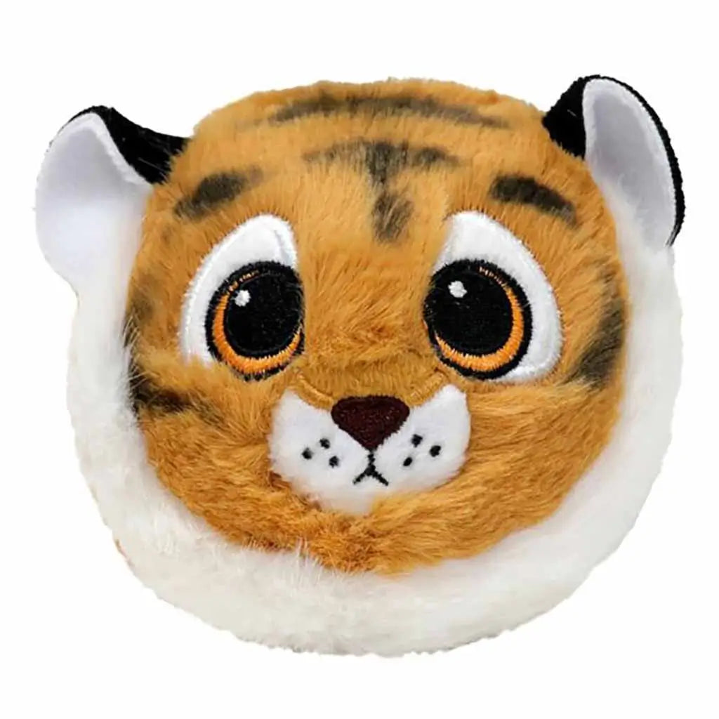 TY Beanie Bouncer plush toy of Stripes the Tiger, featuring soft orange and white fur, black stripes, large round amber eyes, and a small embroidered nose for a cute, cuddly jungle animal design.
