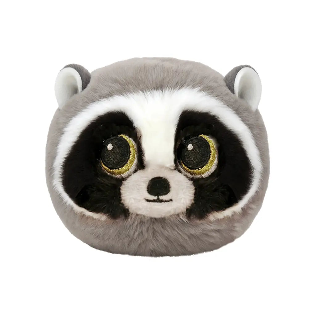 TY Beanie Bouncers raccoon plush toy in gray and white soft faux fur, rounded squishy ball shape with black eye patches, large gold glitter eyes and small ears, cute face, designed for bouncing play, isolated on white background