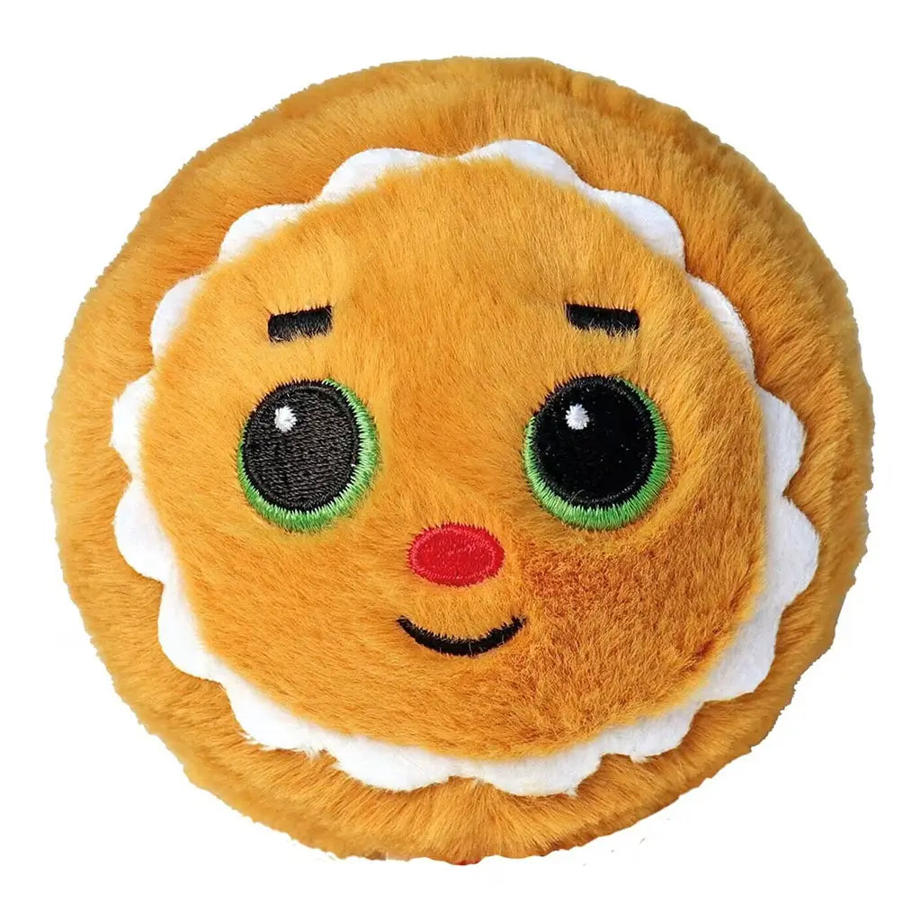 Ty Beanie Bouncers Cookie the gingerbread plush toy, round brown fuzzy body with white icing trim, green embroidered eyes, red stitched nose, small smile, and soft textured design.