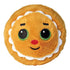 Ty Beanie Bouncers Cookie the gingerbread plush toy, round brown fuzzy body with white icing trim, green embroidered eyes, red stitched nose, small smile, and soft textured design.