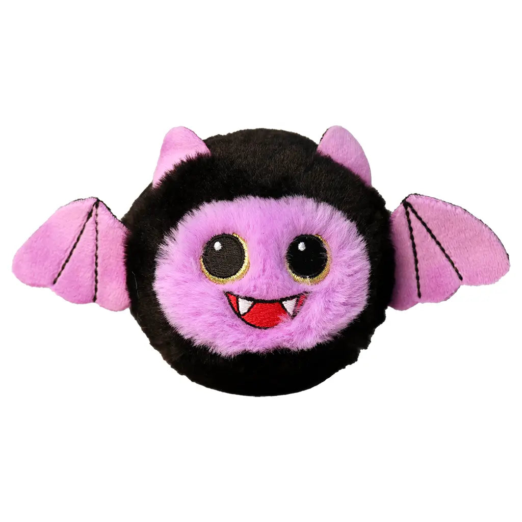 Plush bat toy with a round black body, fuzzy purple face, gold-rimmed eyes, pointed ears, stitched fangs, and outstretched purple wings, designed as a playful Ty Beanie Bouncer collectible named Countess.