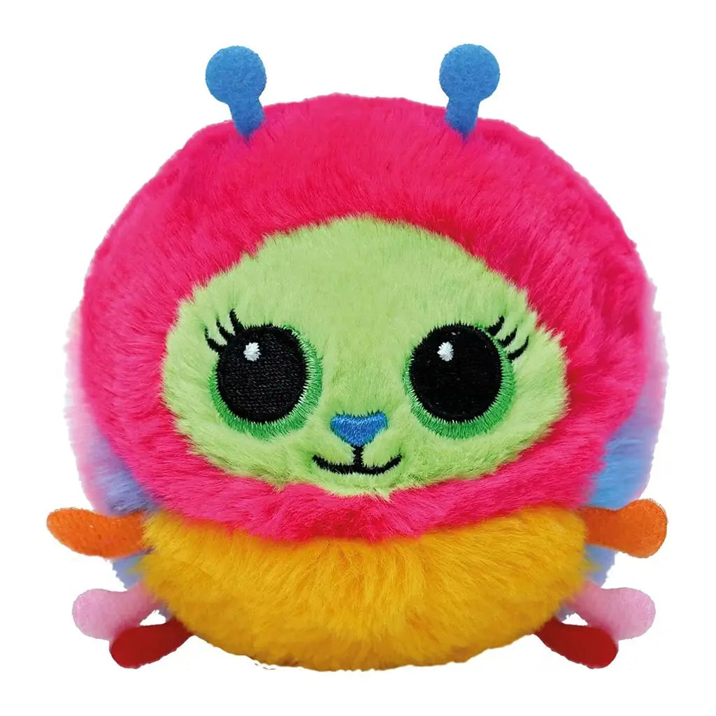 Ty Beanie Bouncers Crystal the multicolored caterpillar plush toy with fuzzy green face, bright pink body, yellow belly, rainbow legs, blue antennae, and large embroidered eyes.