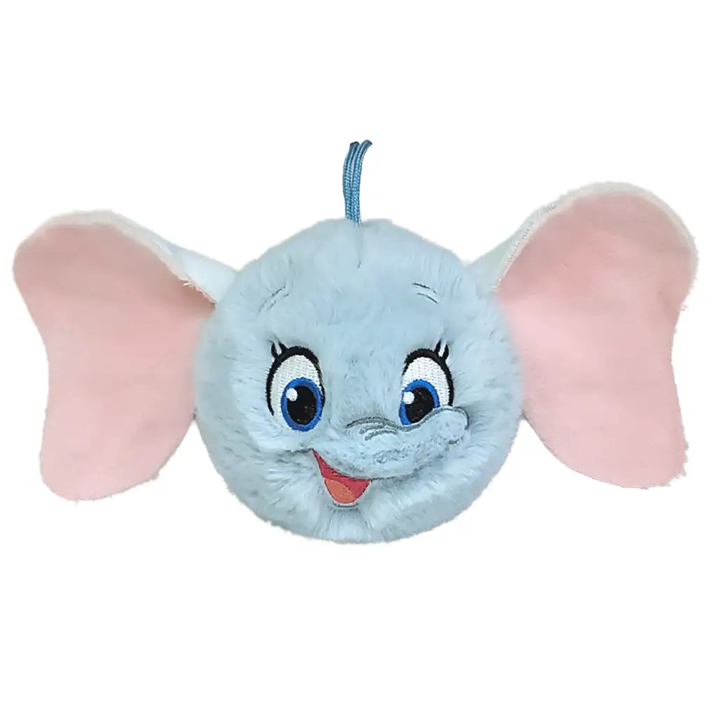 Disney Dumbo elephant plush toy in light blue soft fabric with pale pink oversized ears, rounded ball shape, smiling face with embroidered eyes and trunk, bounceable plush isolated on white background