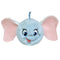 Disney Dumbo elephant plush toy in light blue soft fabric with pale pink oversized ears, rounded ball shape, smiling face with embroidered eyes and trunk, bounceable plush isolated on white background