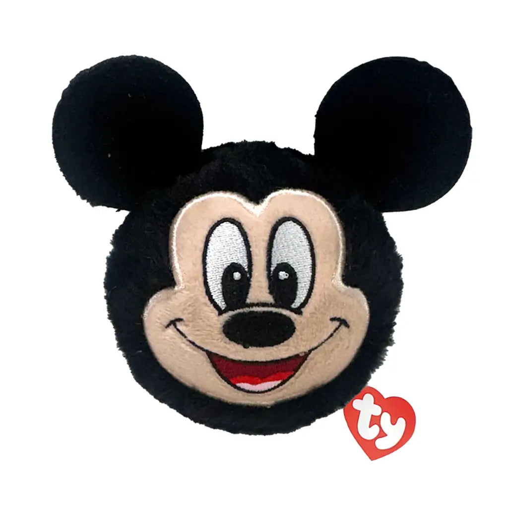Mickey Mouse plush toy Ty Beanie Bouncers in black and cream soft fabric, round mouse face with large circular ears, embroidered eyes and smiling mouth, bouncer ball design on white background.