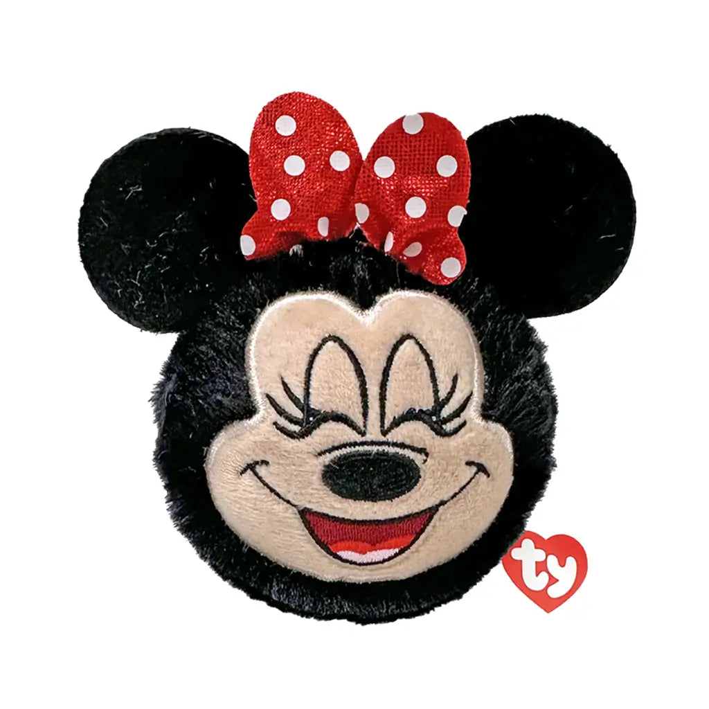 Minnie Mouse plush toy Ty Beanie Bouncers in black and cream soft fabric, round mouse face with large ears, red polka dot bow, embroidered smiling features, bouncer ball design on white background.