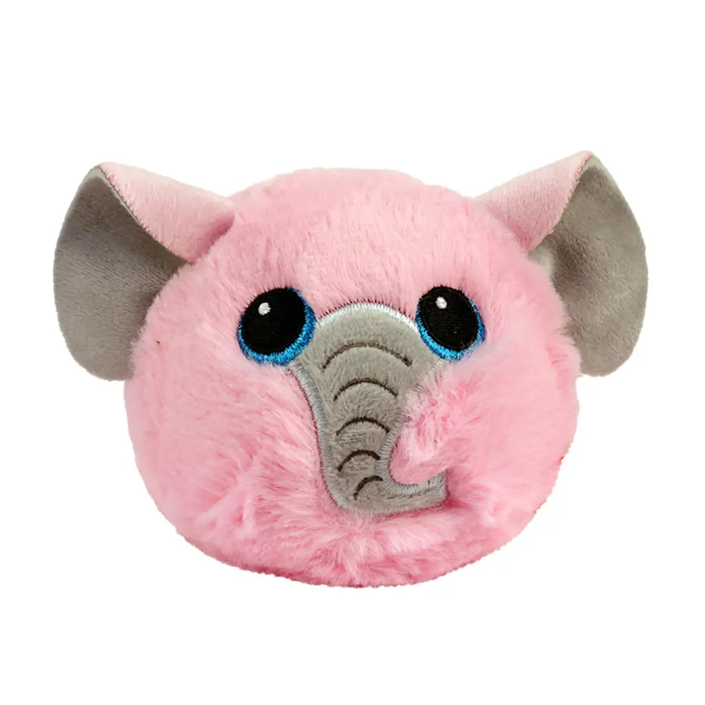 Pink elephant plush toy, Ty Beanie Bouncers Emory features soft fuzzy fabric, round cushion shape with embroidered gray trunk, bright blue eyes, and floppy ears, designed for kids play or nursery decor on a clean white background.