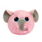 Pink elephant plush toy, Ty Beanie Bouncers Emory features soft fuzzy fabric, round cushion shape with embroidered gray trunk, bright blue eyes, and floppy ears, designed for kids play or nursery decor on a clean white background.