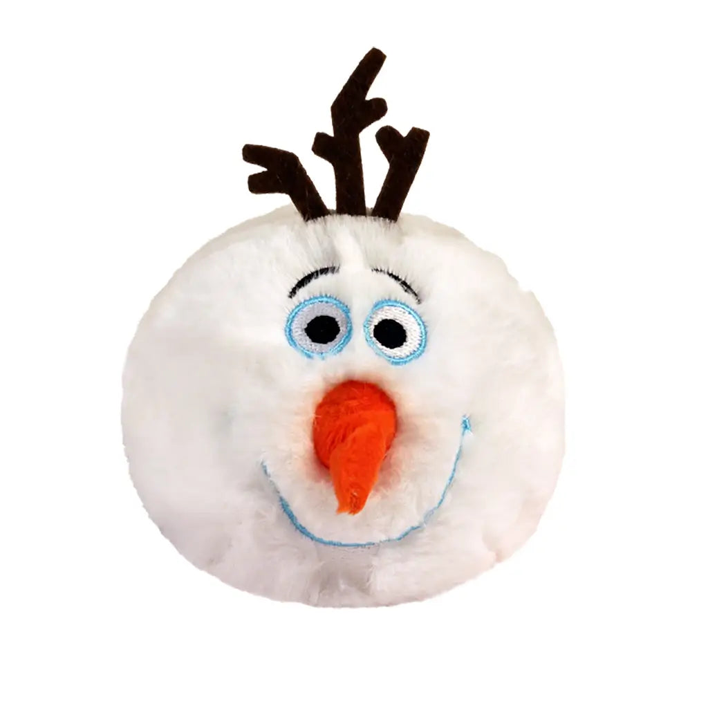 Olaf snowman plush toy Ty Beanie Bouncers white soft fuzzy fabric round ball shape with brown twig hair bright orange carrot nose blue stitched smile cheerful character on plain white background