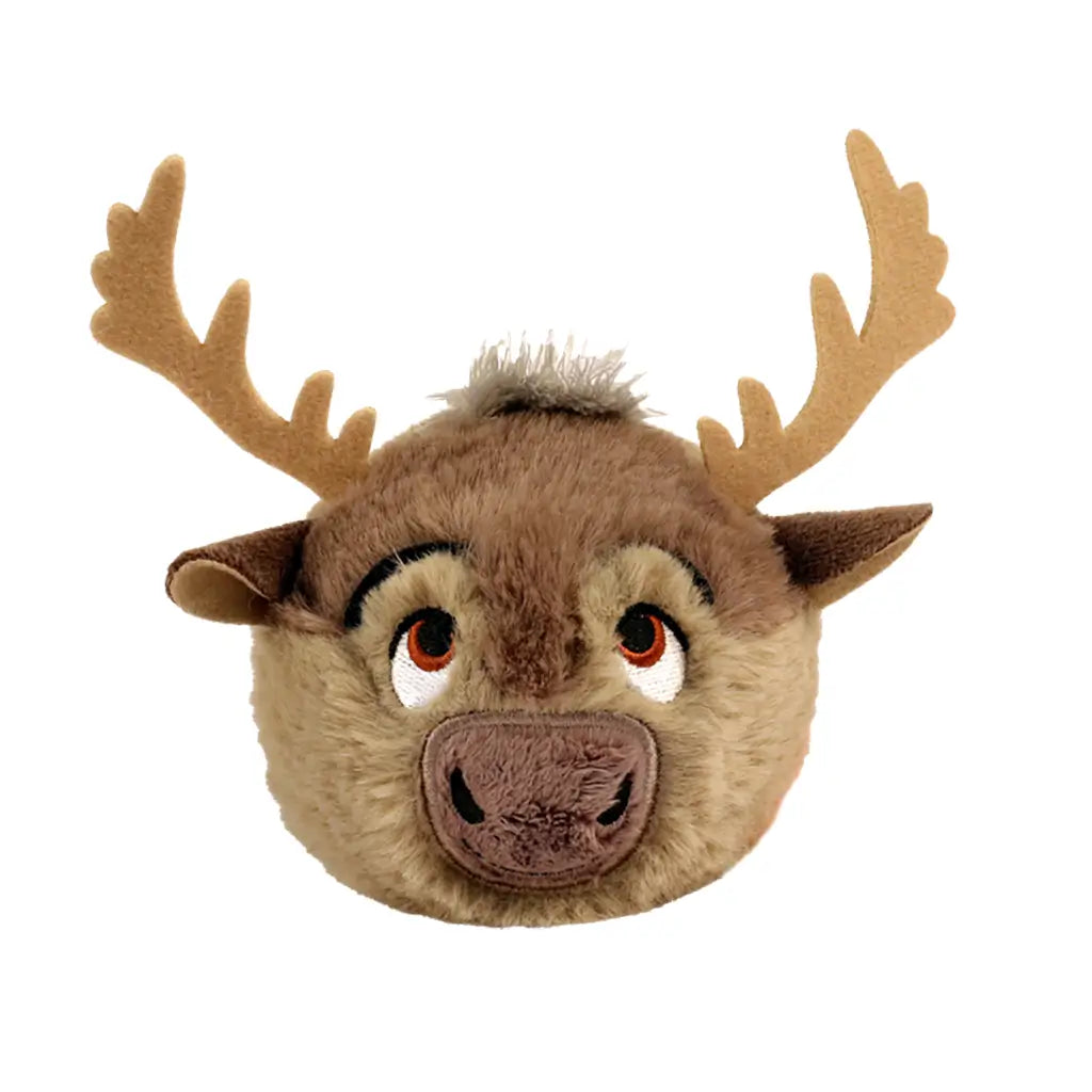 reindeer plush toy Sven brown soft faux fur rounded head with tan felt antlers stitched eyes and nose character design for kids play displayed on clean white background