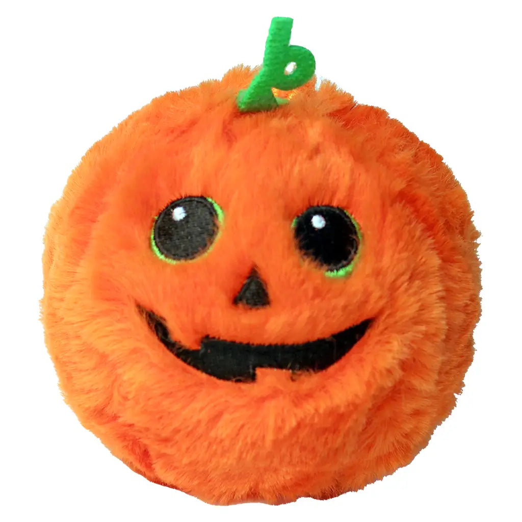 Plush pumpkin toy with bright orange fuzzy fabric, stitched black jack-o’-lantern face, green embroidered stem, and a round shape, designed as a festive Ty Beanie Bouncer collectible named Gourdo.
