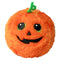 Plush pumpkin toy with bright orange fuzzy fabric, stitched black jack-o’-lantern face, green embroidered stem, and a round shape, designed as a festive Ty Beanie Bouncer collectible named Gourdo.