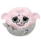 Round plush Dobby toy from Harry Potter with pink fabric, large green glittery eyes, embroidered wrinkles, floppy ears, and gray lower body, designed as a Ty Beanie Bouncer collectible.