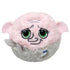 Round plush Dobby toy from Harry Potter with pink fabric, large green glittery eyes, embroidered wrinkles, floppy ears, and gray lower body, designed as a Ty Beanie Bouncer collectible.