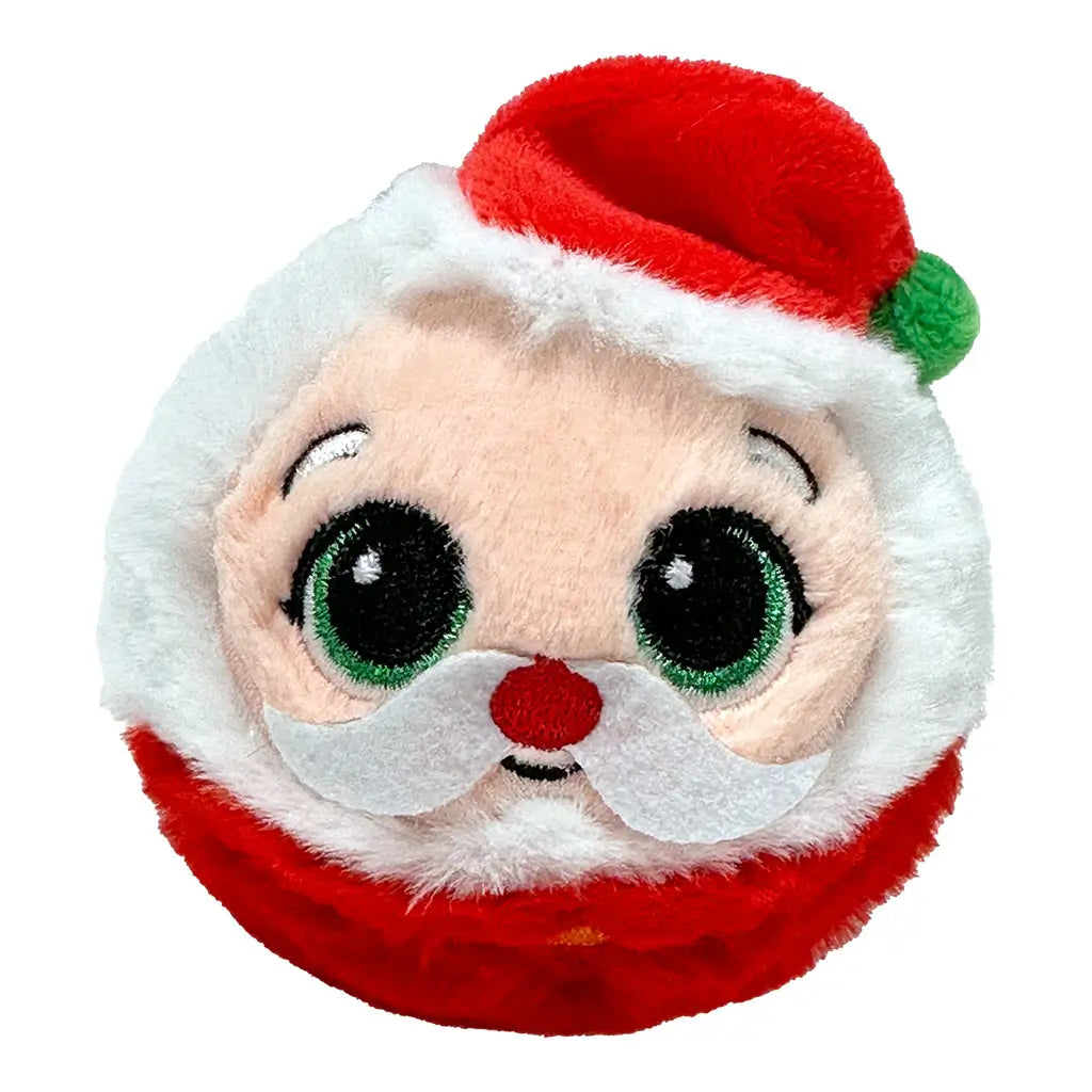 Plush Santa Claus toy with soft red and white fabric, green glitter eyes, white mustache, and festive hat, designed as a round Beanie Bouncer for holiday play or decoration.