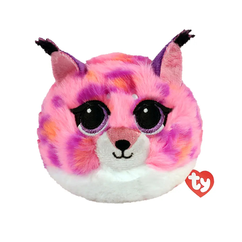 TY Beanie Bouncers plush bobcat toy in bright pink, purple, and orange mottled fur, soft fuzzy texture, rounded squishy ball shape with large glitter eyes and small ears, designed as a bounceable plush, isolated on white background with TY heart tag