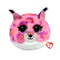 TY Beanie Bouncers plush bobcat toy in bright pink, purple, and orange mottled fur, soft fuzzy texture, rounded squishy ball shape with large glitter eyes and small ears, designed as a bounceable plush, isolated on white background with TY heart tag