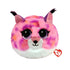 TY Beanie Bouncers plush bobcat toy in bright pink, purple, and orange mottled fur, soft fuzzy texture, rounded squishy ball shape with large glitter eyes and small ears, designed as a bounceable plush, isolated on white background with TY heart tag