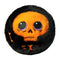 Round plush toy with bright orange skeleton face, purple-rimmed black eyes, and soft black body, designed as a spooky Ty Beanie Bouncer collectible named Marrow for Halloween.