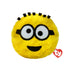 Minions Phil plush toy in bright yellow soft fabric with black goggle strap and round goggles, rounded ball shape, smiling face with wide eyes and small mouth, bounceable plush on white background