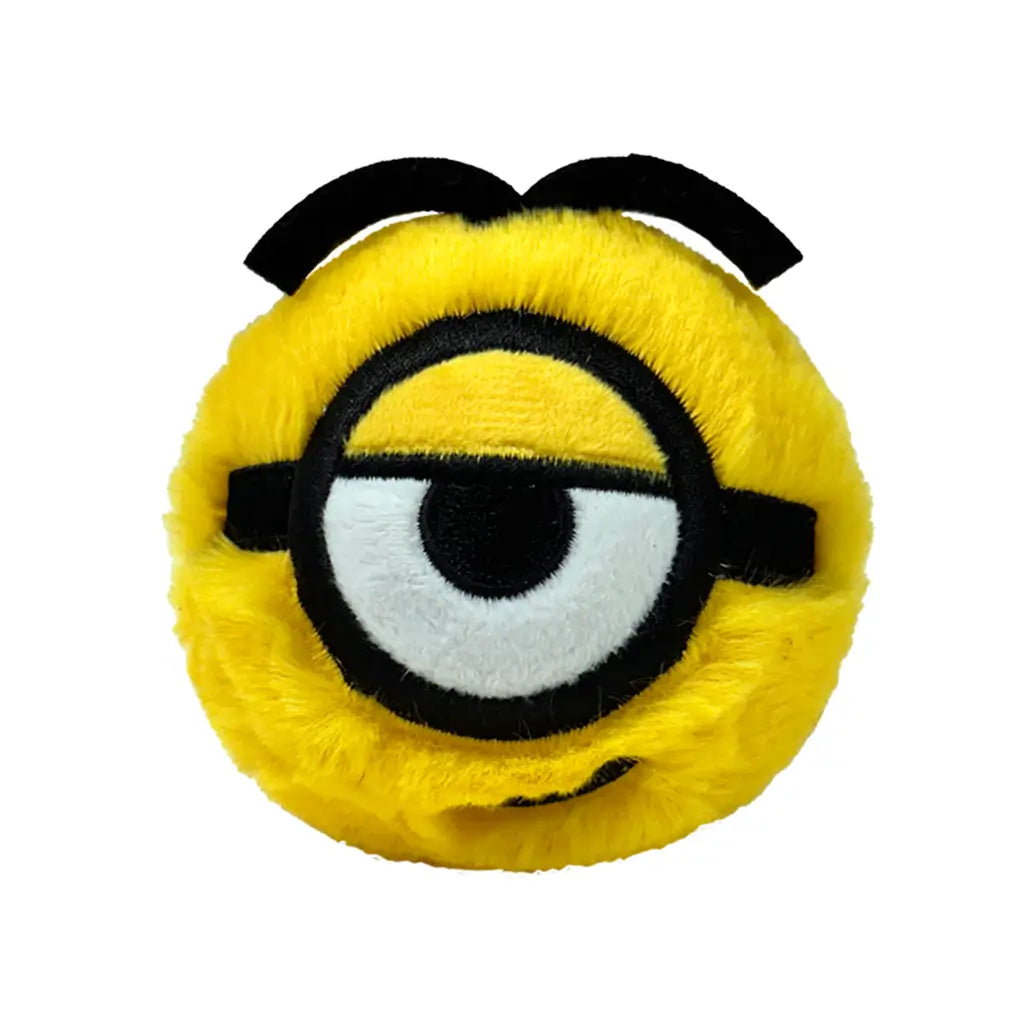 Minions Stuart plush toy in bright yellow soft fabric with black goggle strap and single round eye, rounded ball shape, smiling face with one eye and small mouth, bounceable plush on white background