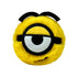 Minions Stuart plush toy in bright yellow soft fabric with black goggle strap and single round eye, rounded ball shape, smiling face with one eye and small mouth, bounceable plush on white background