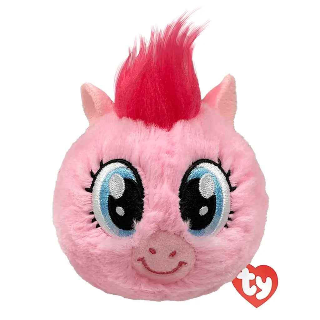 My Little Pony Pinkie Pie plush toy in soft pink fabric with bright pink tufted mane, rounded ball shape, large blue eyes and cheerful smiling face, bounceable plush, isolated on white background