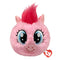 My Little Pony Pinkie Pie plush toy in soft pink fabric with bright pink tufted mane, rounded ball shape, large blue eyes and cheerful smiling face, bounceable plush, isolated on white background