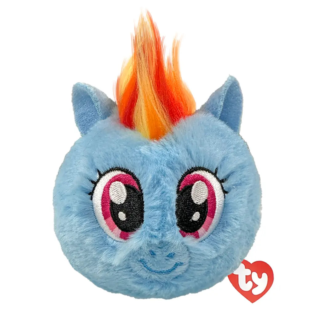 My Little Pony Rainbow Dash plush toy in sky blue soft fabric with multicolor red, orange, and yellow mane, rounded ball shape, large pink eyes and smiling face, bounceable plush on white background