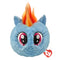 My Little Pony Rainbow Dash plush toy in sky blue soft fabric with multicolor red, orange, and yellow mane, rounded ball shape, large pink eyes and smiling face, bounceable plush on white background