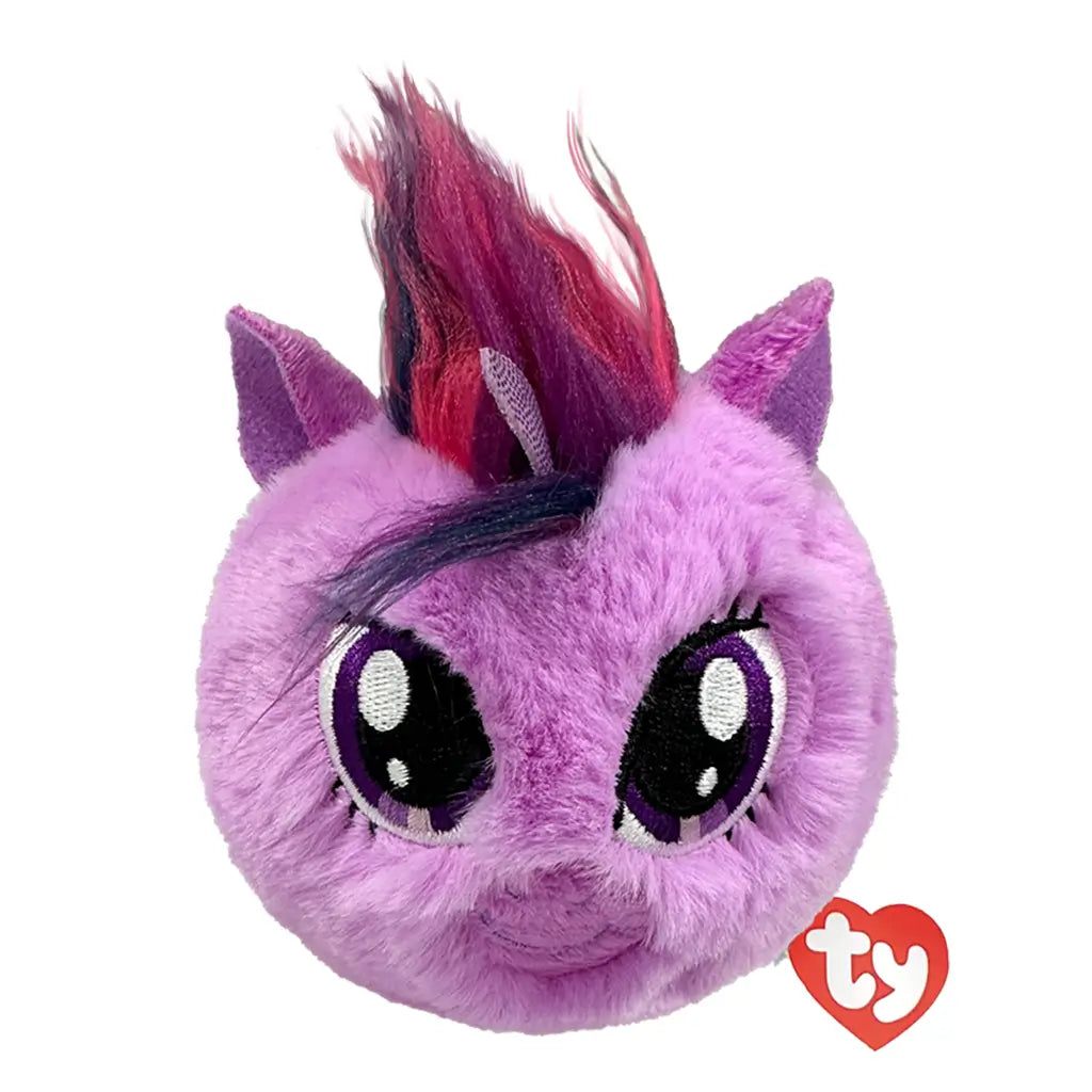 My Little Pony Twilight Sparkle plush toy in soft lavender purple fabric with dark purple and pink mane, rounded ball shape, large violet eyes and smiling face, bounceable plush on white background