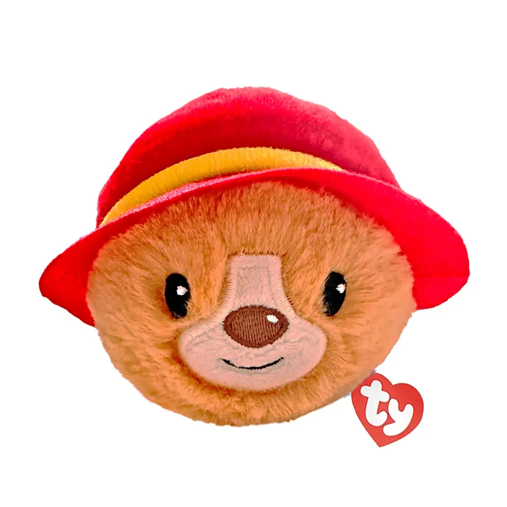 Paddington Bear plush toy Ty Beanie Bouncers in warm brown soft fabric, round bear face with stitched nose and smile, wearing bright red hat with yellow band, bouncer ball design on white background.
