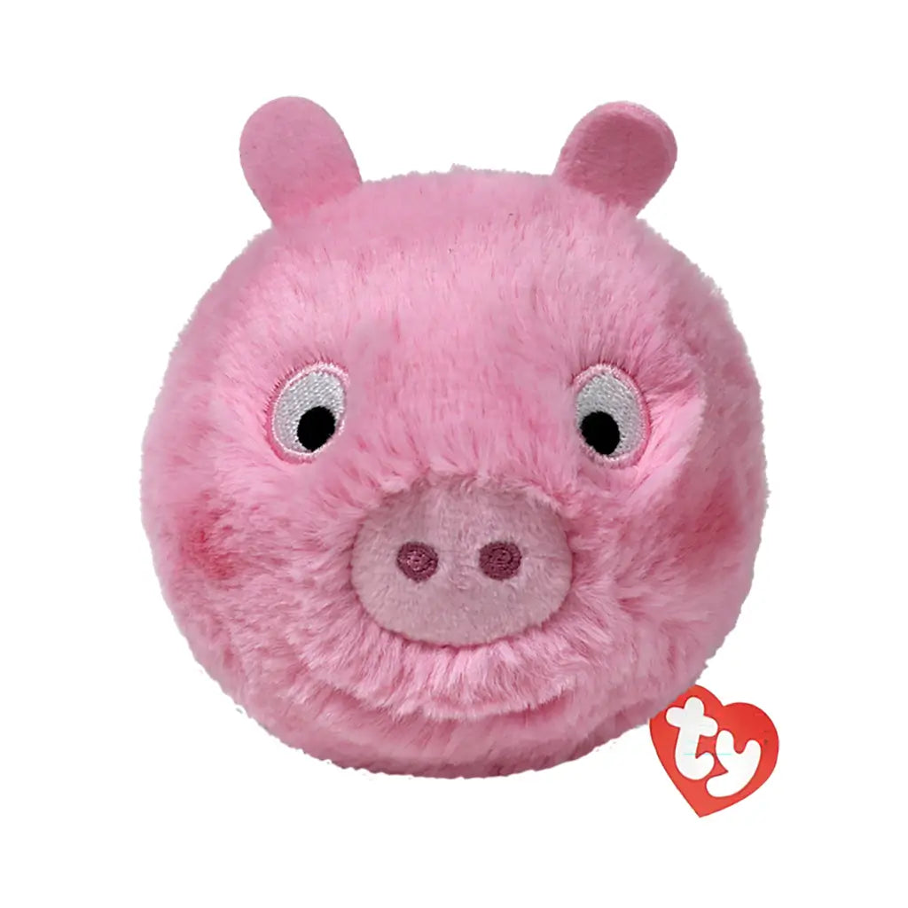 Peppa Pig plush toy Ty Beanie Bouncers in soft pink fuzzy fabric, round pig face shape with small ears, embroidered eyes and snout, designed as a bouncer ball toy, shown on plain white background.
