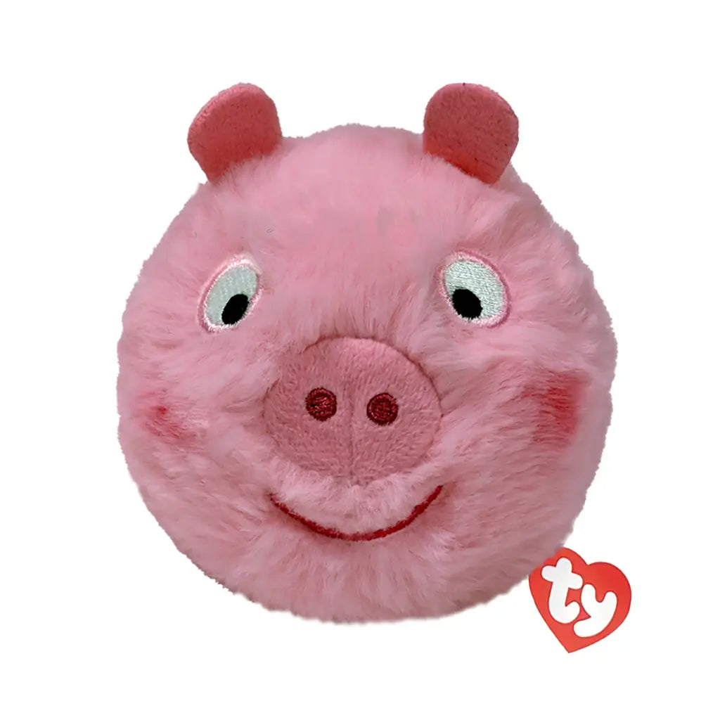 Peppa Pig plush toy Ty Beanie Bouncers in soft pink fuzzy fabric, round pig face with small ears, embroidered eyes, rosy cheeks and snout, designed as a bouncer ball toy on white background.