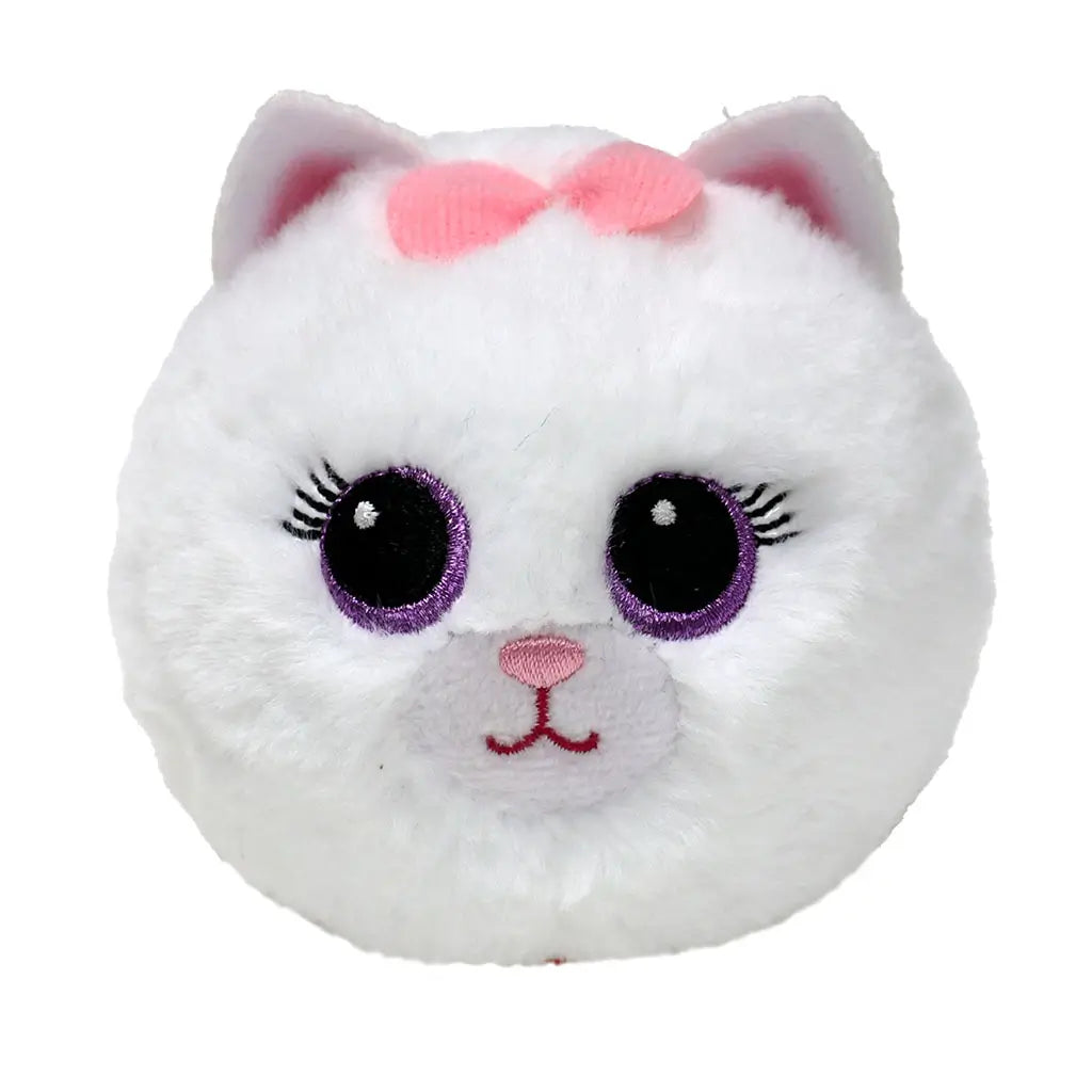 Plush white cat toy with round fluffy body, big purple-rimmed eyes, pink nose, stitched smile, and a soft pink bow on top, designed as a Beanie Bouncer collectible for kids.