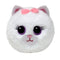 Plush white cat toy with round fluffy body, big purple-rimmed eyes, pink nose, stitched smile, and a soft pink bow on top, designed as a Beanie Bouncer collectible for kids.