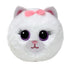 Plush white cat toy with round fluffy body, big purple-rimmed eyes, pink nose, stitched smile, and a soft pink bow on top, designed as a Beanie Bouncer collectible for kids.