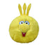 Sesame Street Big Bird plush toy features vibrant yellow fluffy fabric, round soft ball shape, large blue and white eyes, long beak, open smiling mouth, and three upright feather tufts on a plain background
