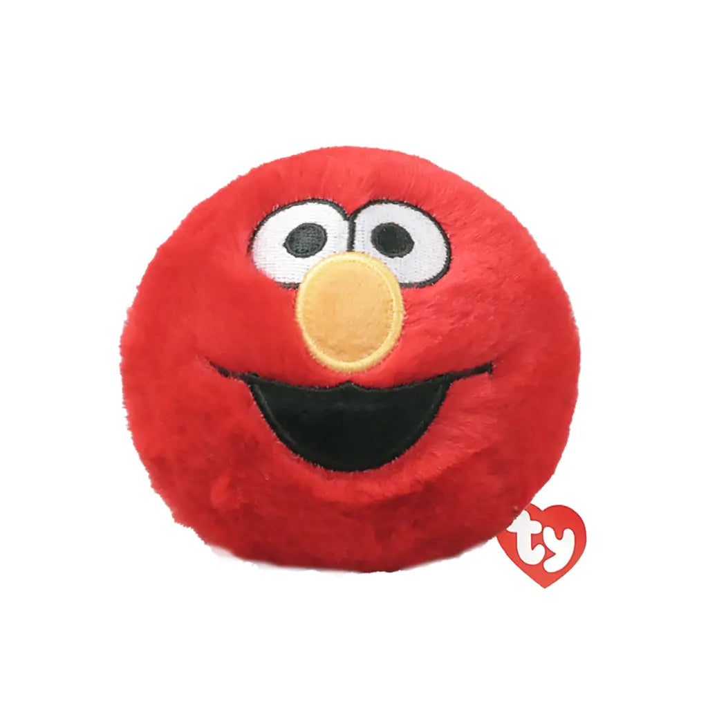 Elmo plush toy Ty Beanie Bouncers in bright red soft fabric, round character face with orange nose, embroidered eyes and smiling mouth, Sesame Street design, bouncer ball style on white background.