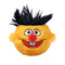 Sesame Street Ernie plush toy features bright yellow fuzzy fabric, round soft face shape, large white and black eyes, red nose, smiling mouth with tongue, and spiky black hair, shown on a plain background
