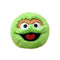 Sesame Street Oscar plush toy features bright green fuzzy fabric, round soft cushion shape, wide white and black eyes with brown brows, open smiling mouth with red tongue, and shaggy texture on a plain white background
