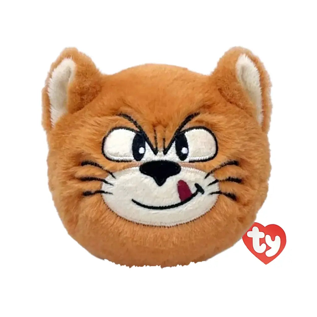 Azrael plush toy Ty Beanie Bouncers Smurfs character in orange and cream soft fabric, round cat face with pointed ears, embroidered eyes, whiskers and smirk, bouncer ball design on white background.