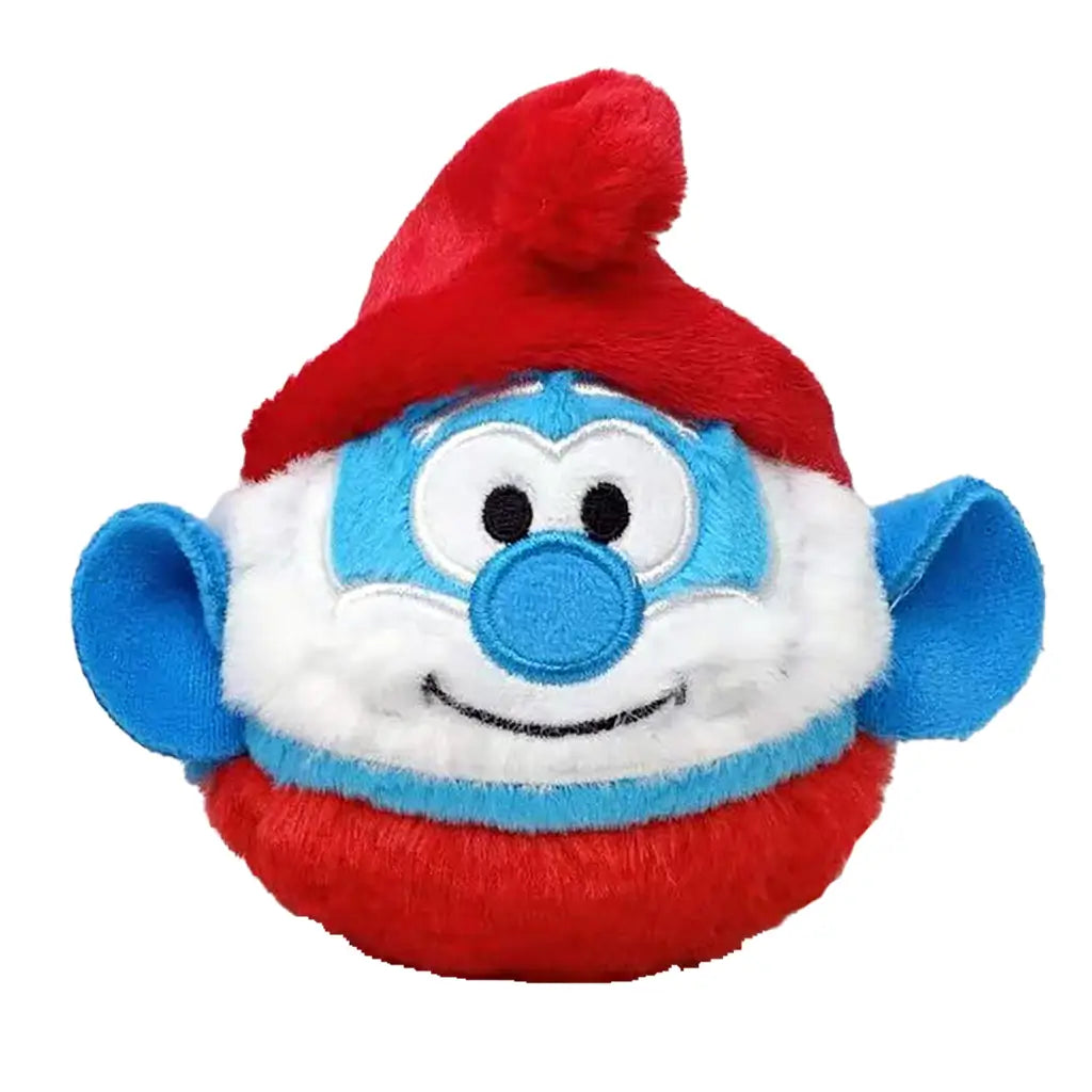 Papa Smurf plush toy Ty Beanie Bouncers in red, blue, and white soft fabric, round character face with white beard, red hat, embroidered eyes and smile, bouncer ball design on white background.