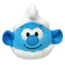 Smurf plush toy Ty Beanie Bouncers in blue and white soft fabric, round character face with white hat, embroidered eyes and smile, small outstretched arms, bouncer ball design on white background.